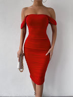 Robe Midi Épaules Dénudées Avec Manches Drapées Pour Femme | Idéal Pour Occasions Et Soirées