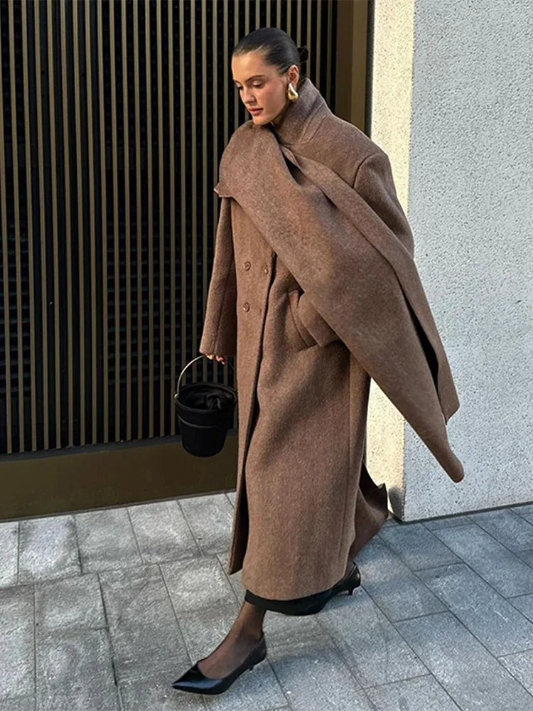 Manteau Long Femme | Col Écharpe Élégant | Double Boutonnage | Idéal Automne & Hiver