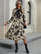Robe Midi à Imprimé Floral avec Col Nœud pour Femme | Idéale pour Occasions Quotidiennes et Événements