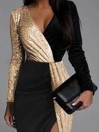 Robe Midi À Sequins avec Col En V Et Fente pour Femme | Idéale pour Les Soirées Et Événements Formels