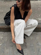 Pantalon Rayé Noir et Blanc Avec Taille Haute Pour Femmes | Idéal Pour Usage Quotidien