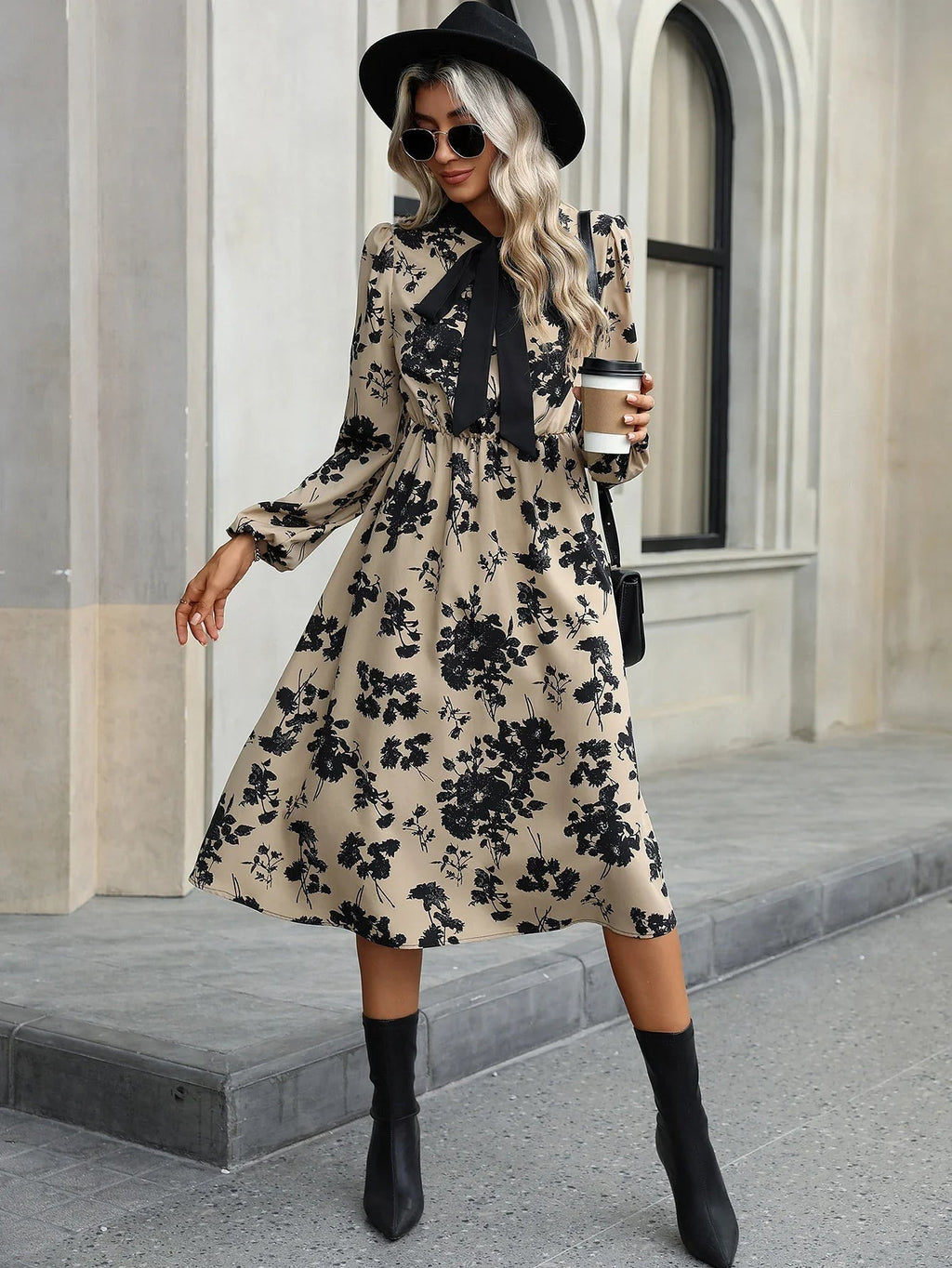 Robe Midi à Imprimé Floral avec Col Nœud pour Femme | Idéale pour Occasions Quotidiennes et Événements