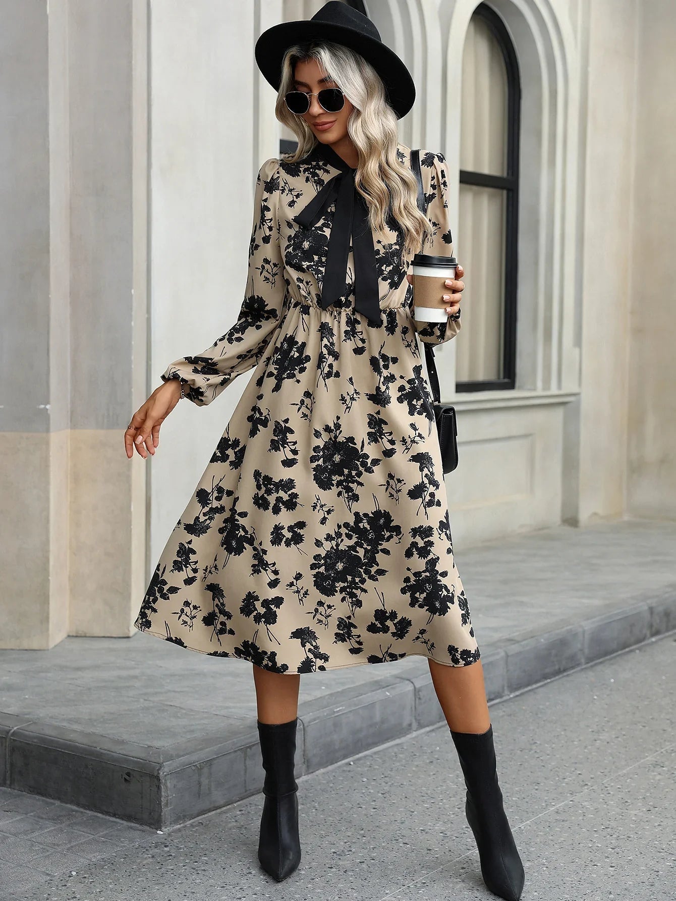 Robe Midi à Imprimé Floral avec Col Nœud pour Femme | Idéale pour Occasions Quotidiennes et Événements