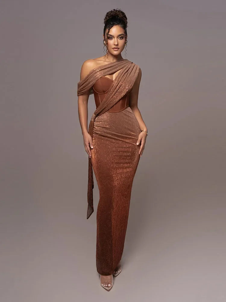 Robe De Soirée Asymétrique Avec Design Une Épaule Et Finition Métallisée Pour Femme | Idéale Pour Événements En Soirée