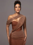 Robe De Soirée Asymétrique Avec Design Une Épaule Et Finition Métallisée Pour Femme | Idéale Pour Événements En Soirée
