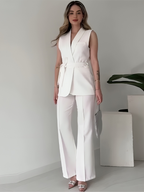 Ensemble Blazer Sans Manches Avec Ceinture Et Pantalon Taille Haute Pour Femme | Idéal Pour Le Travail Et Les Événements