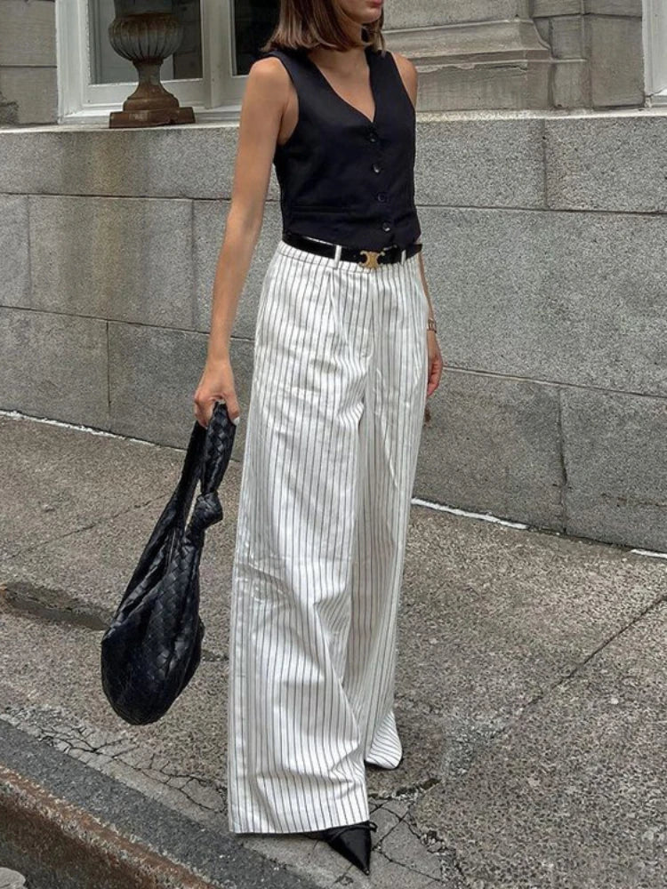 Pantalon Rayé Noir et Blanc Avec Taille Haute Pour Femmes | Idéal Pour Usage Quotidien