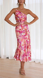 Robe Midi Florale à Une Épaule avec Fermeture Latérale pour Femme | Idéale pour les Occasions et Événements d’Été