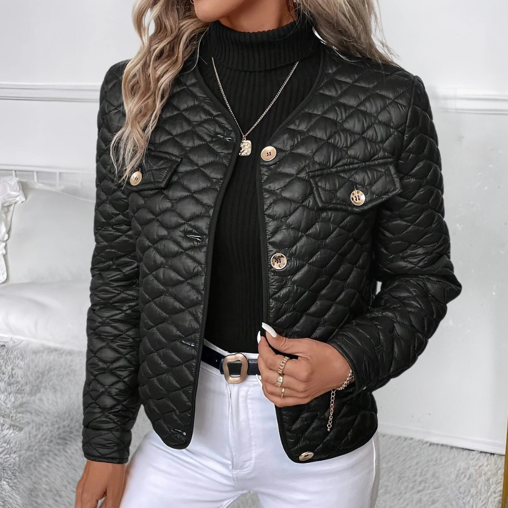 Veste Courte Matelassée Noire Avec Boutons Dorés Pour Femmes | Idéal Pour La Mi-Saison Et Les Tenues Quotidiennes