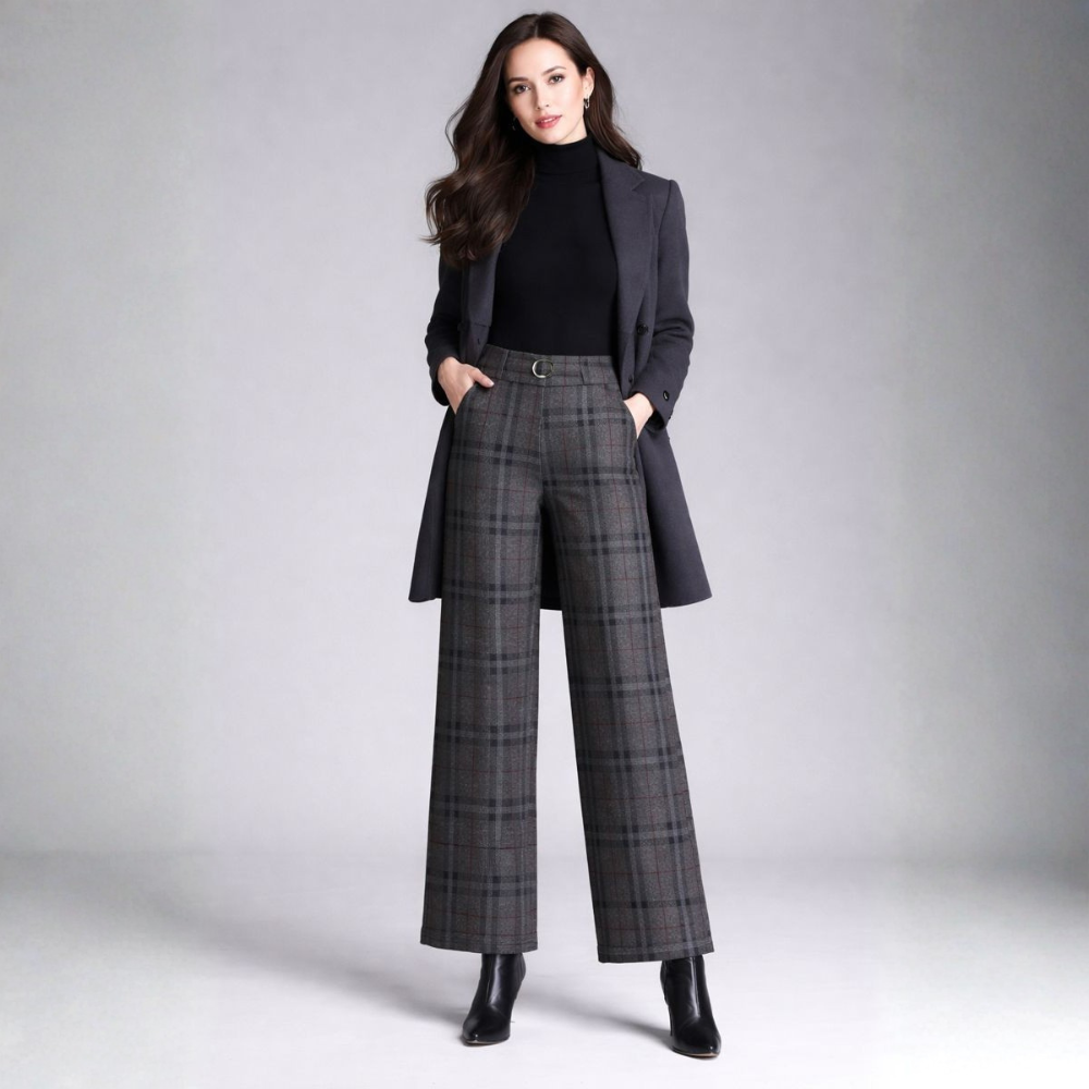 Pantalon Taille Haute À Motif Carreaux Avec Jambes Larges Pour Femme | Idéal Pour Travail Et Usage Quotidien