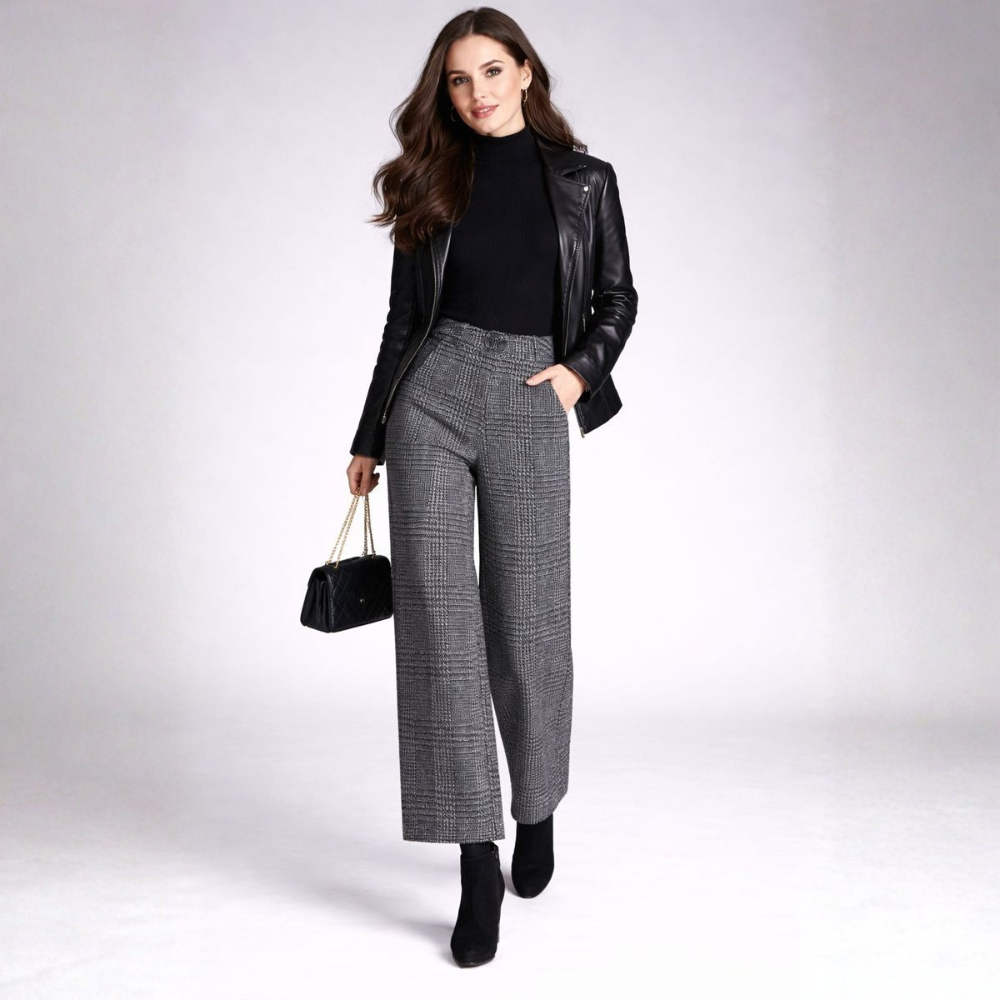 Pantalon Taille Haute À Motif Carreaux Avec Jambes Larges Pour Femme | Idéal Pour Travail Et Usage Quotidien