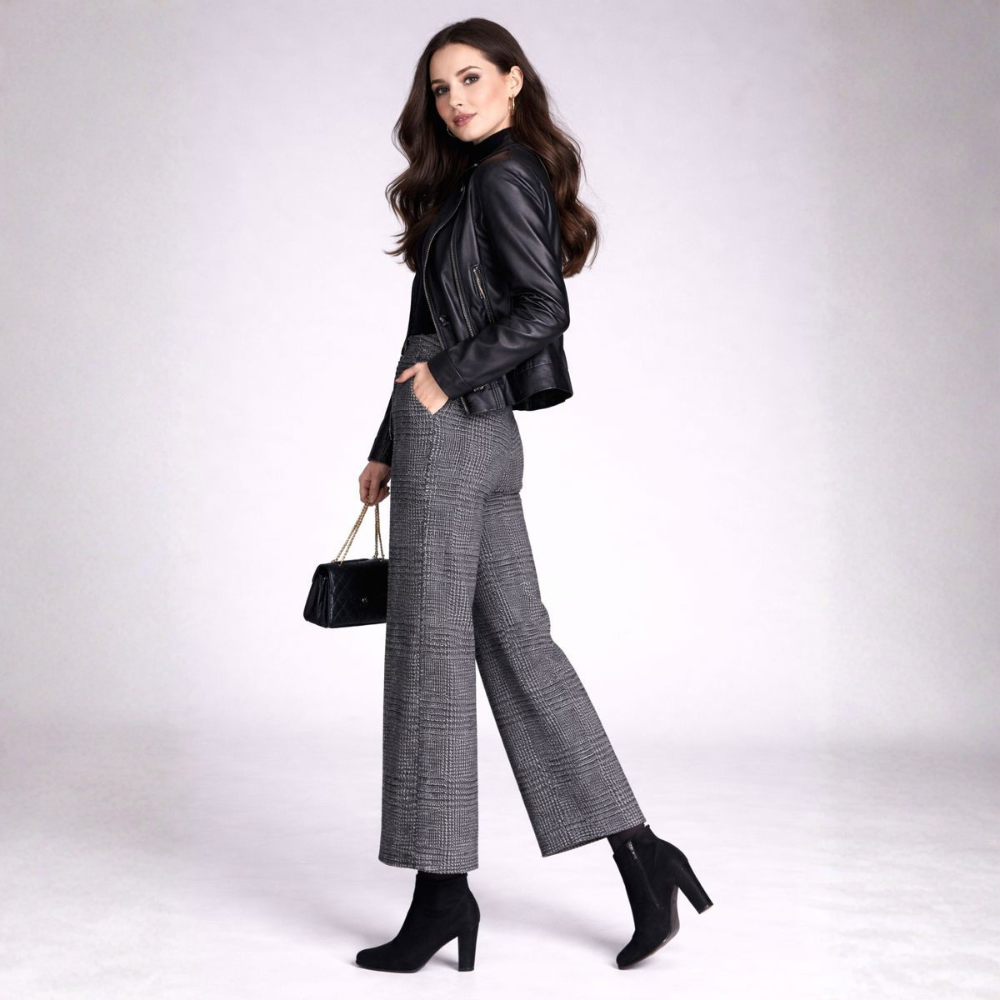 Pantalon Taille Haute À Motif Carreaux Avec Jambes Larges Pour Femme | Idéal Pour Travail Et Usage Quotidien