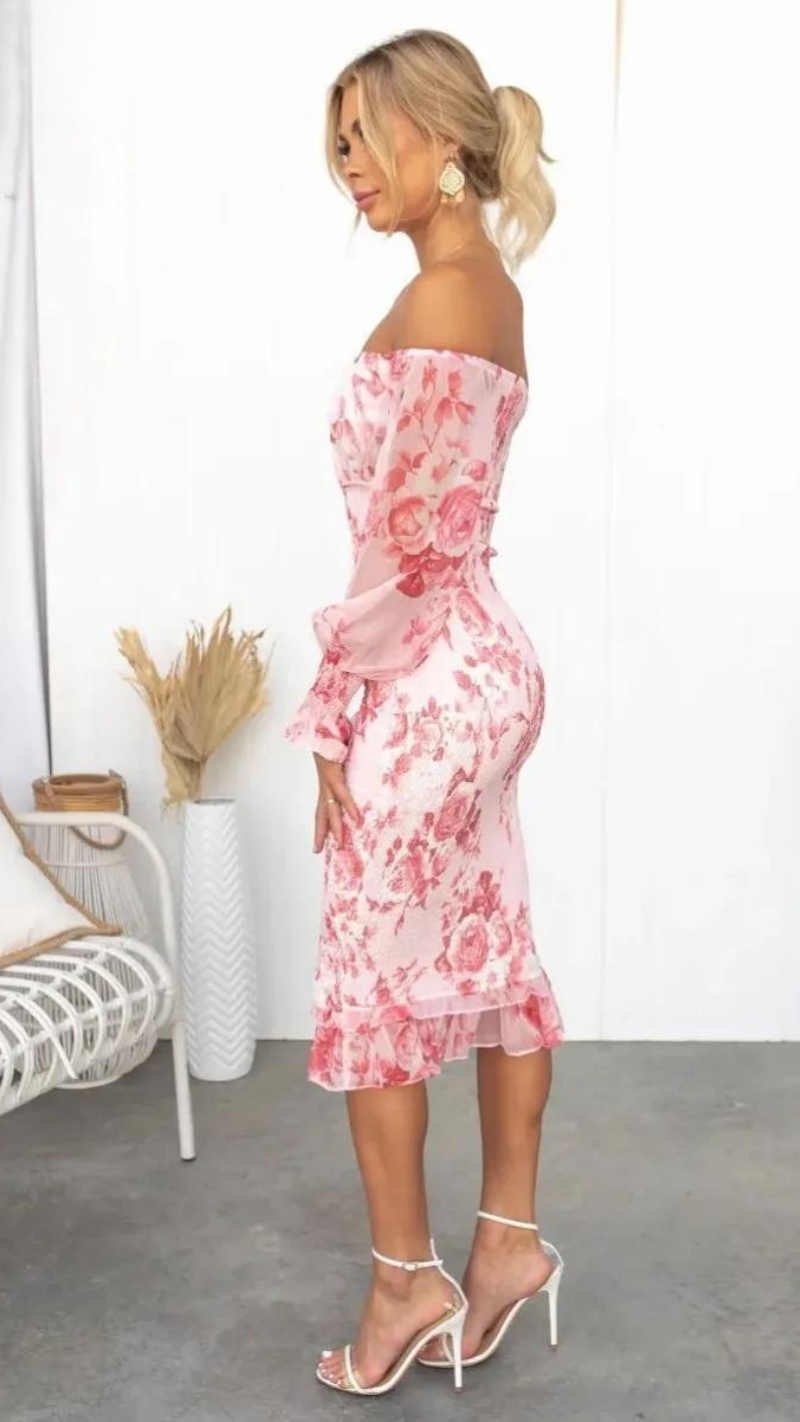 Robe Midi Épaules Dénudées Avec Imprimé Floral Pour Femme | Idéale Pour Les Occasions Et Événements