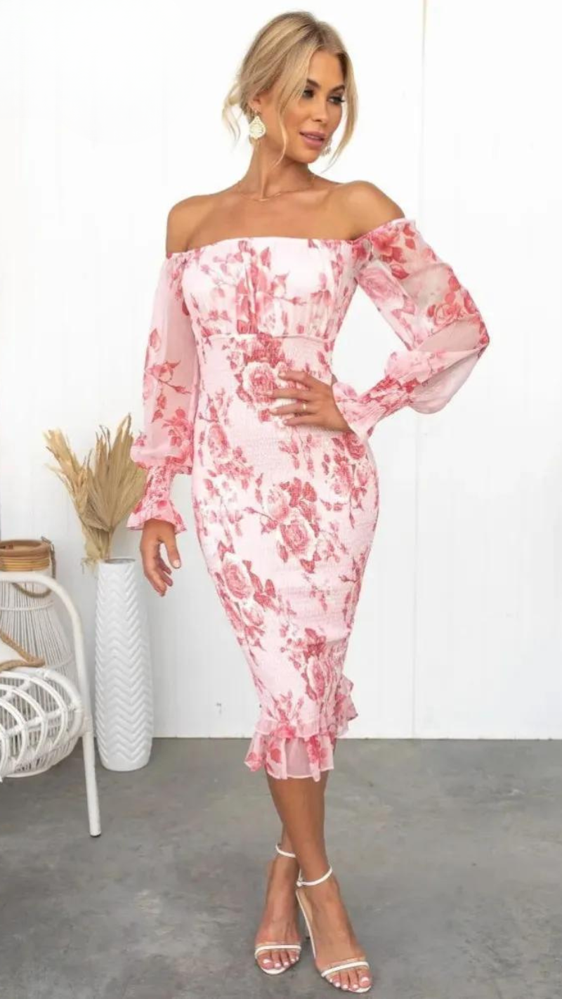 Robe Midi Épaules Dénudées Avec Imprimé Floral Pour Femme | Idéale Pour Les Occasions Et Événements