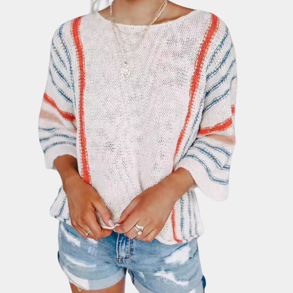Pull Ample À Rayures Colorées Avec Manches Trois-Quarts Pour Femme | Idéal Pour La Superposition