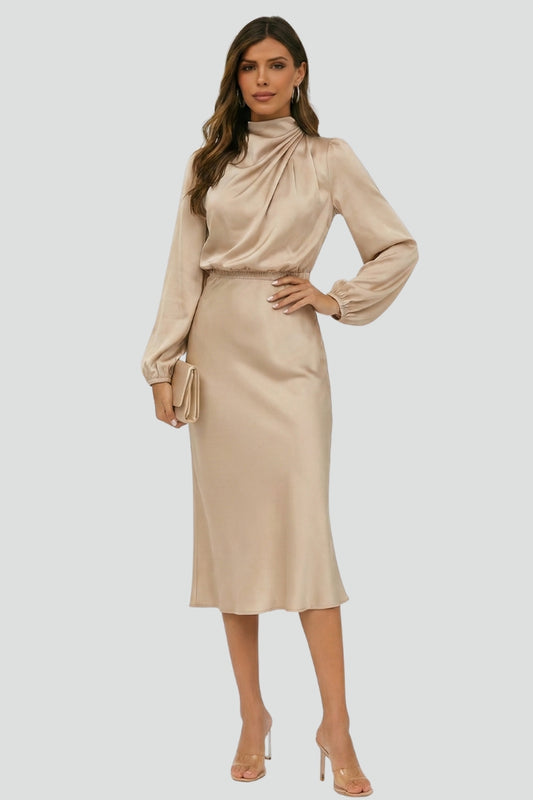 Robe Midi avec Col Montant et Manches Longues pour Femme | Idéale pour les Journées et Soirées d’Été