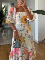 Robe Midi À Imprimé Floral Avec Encolure Carrée Et Manches Bouffantes Pour Femme | Idéale Pour Les Sorties Quotidiennes