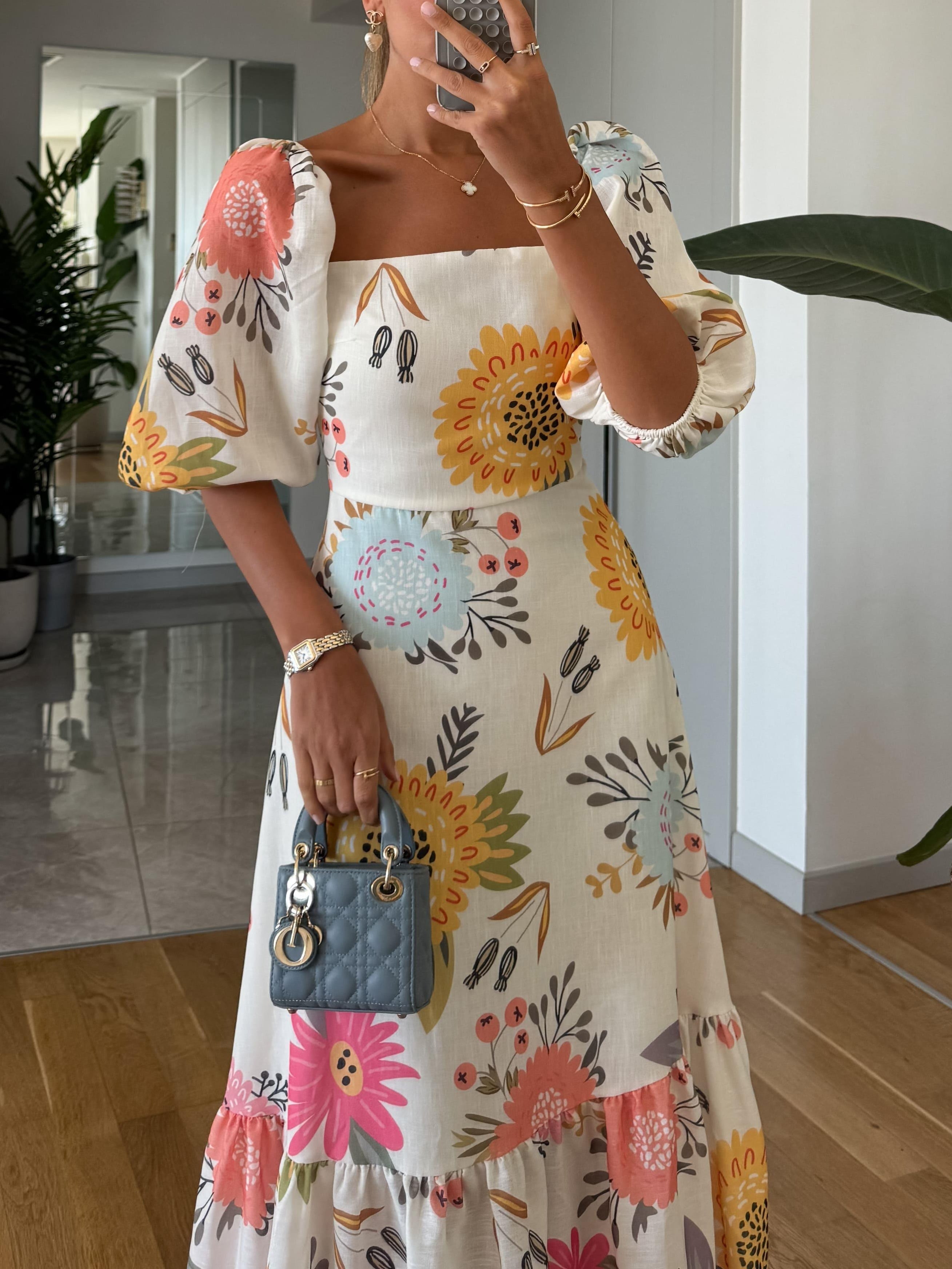 Robe Midi À Imprimé Floral Avec Encolure Carrée Et Manches Bouffantes Pour Femme | Idéale Pour Les Sorties Quotidiennes