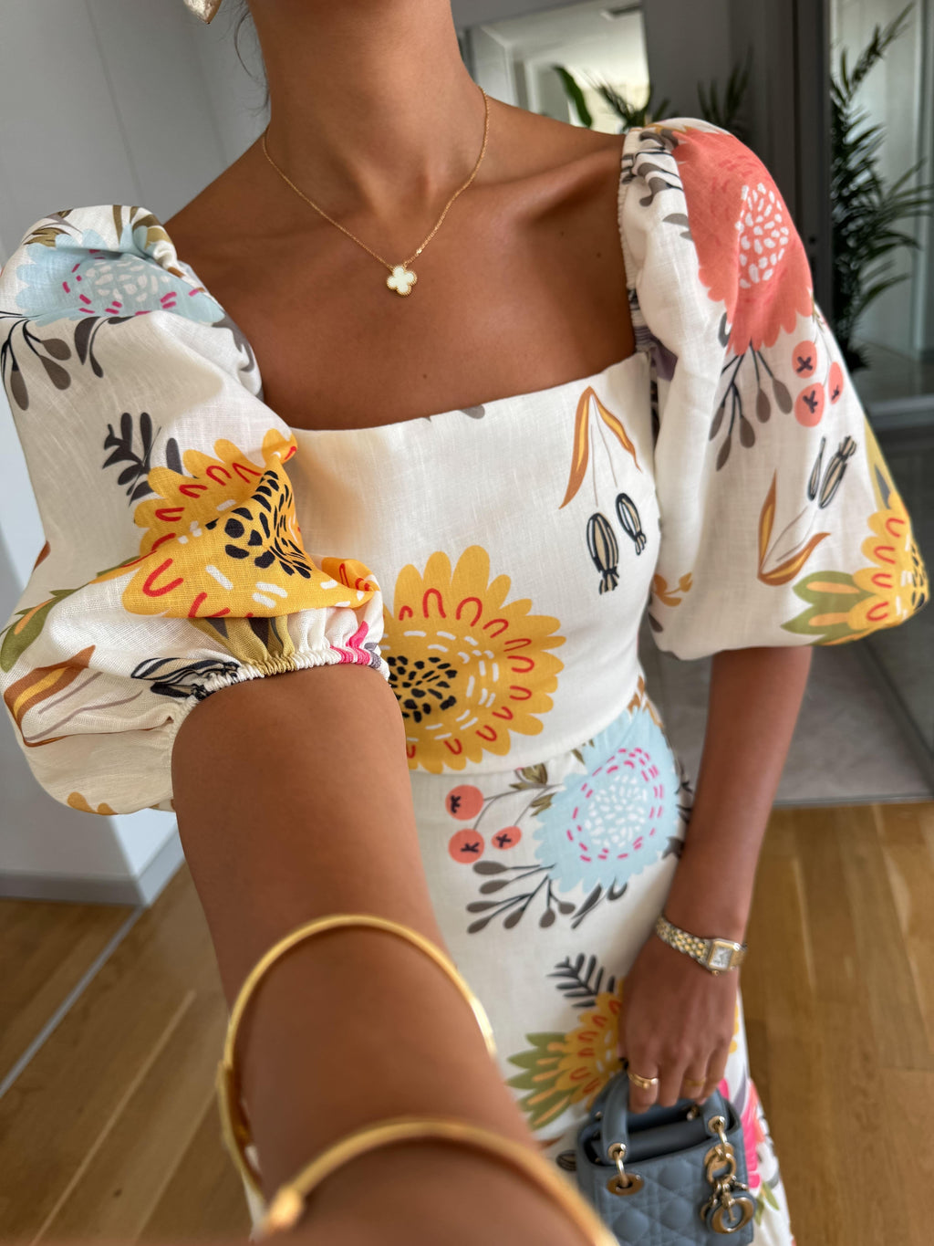 Robe Midi À Imprimé Floral Avec Encolure Carrée Et Manches Bouffantes Pour Femme | Idéale Pour Les Sorties Quotidiennes