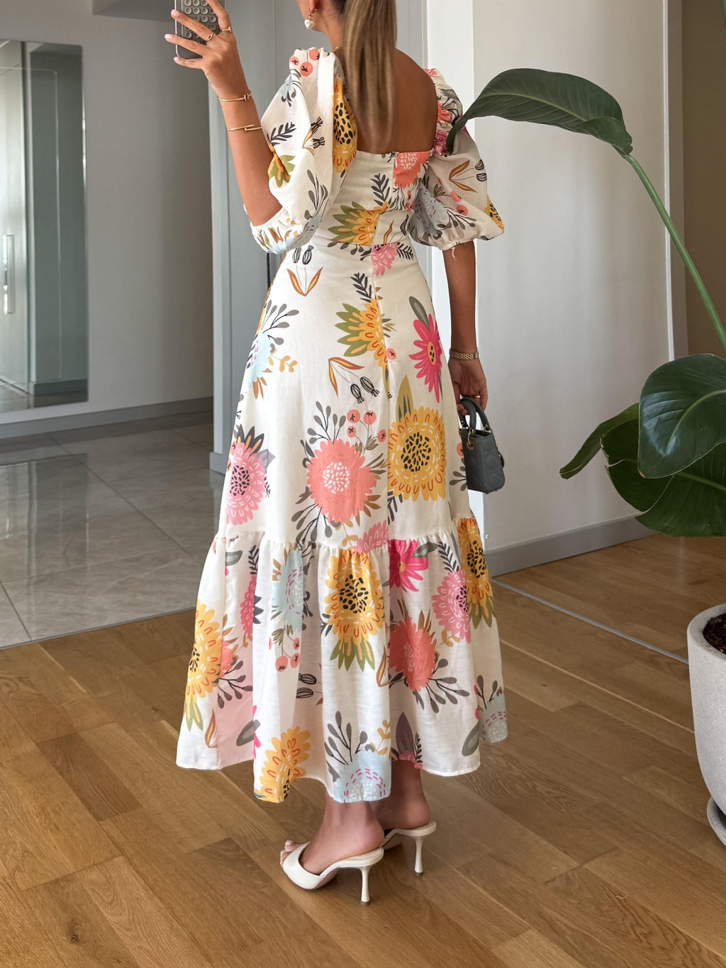 Robe Midi À Imprimé Floral Avec Encolure Carrée Et Manches Bouffantes Pour Femme | Idéale Pour Les Sorties Quotidiennes