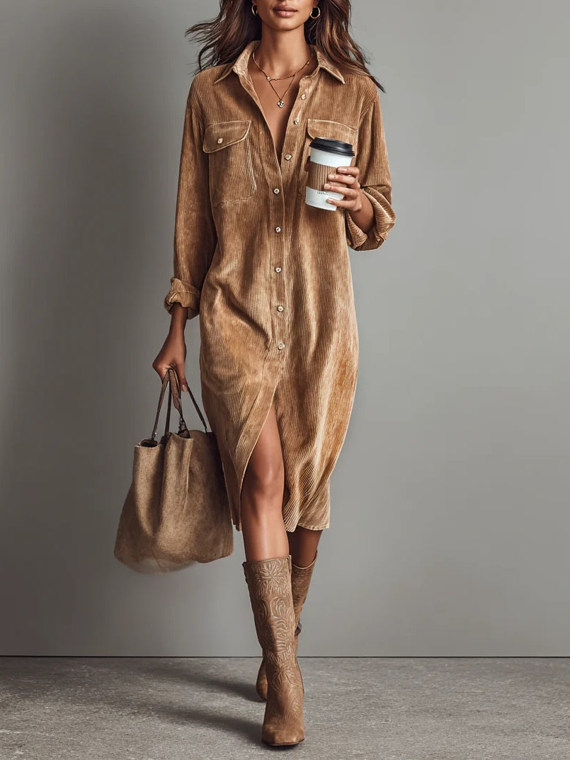 Robe Midi Boutonnée avec Poches Poitrine pour Femme | Idéale pour Usage Quotidien et Occasions Décontractées