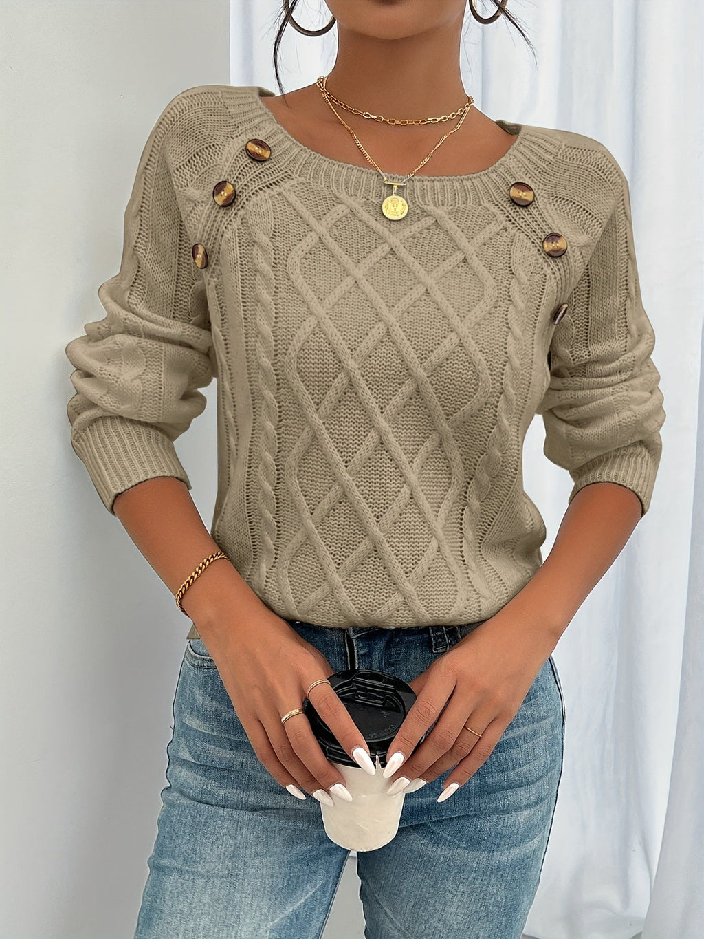Pull à Maille Torsadée avec Boutons Décoratifs sur l’Épaule pour Femmes | Idéal pour Saisons Fraîches