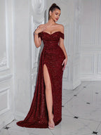 Robe De Soirée À Sequins avec Épaules Dénudées Et Fente pour Femme | Idéale pour Les Événements Formels