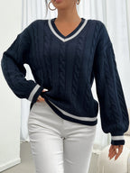 Pull à Manches Longues avec Motif Torsadé et Col V pour Femmes | Idéal pour l’Hiver et l’Automne