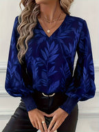 Blouse À Manches Longues Avec Motif Feuilles Et Col En V Pour Femmes | Idéal Pour Travail Ou Usage Quotidien