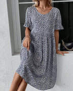 Robe Midi À Motif Floral Avec Col Rond Et Manches Courtes Pour Femme | Idéale Pour Le Jour Et La Soirée