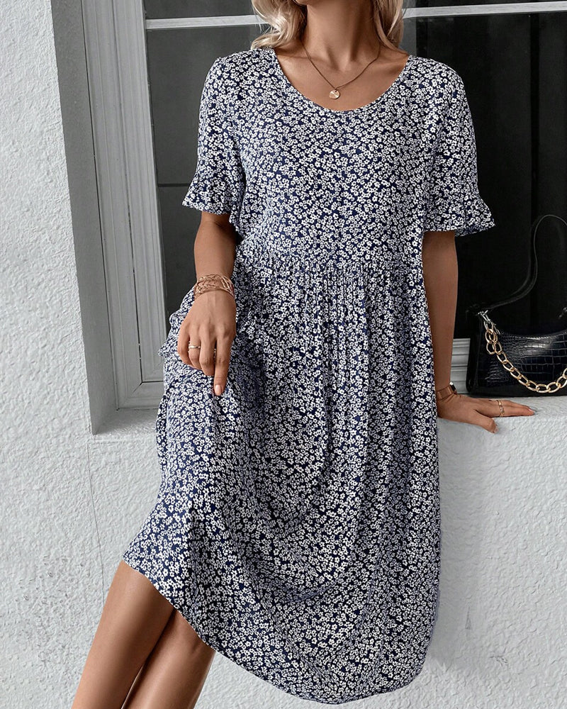 Robe Midi À Motif Floral Avec Col Rond Et Manches Courtes Pour Femme | Idéale Pour Le Jour Et La Soirée