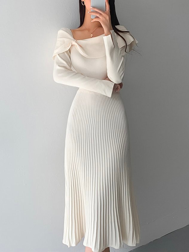 Robe Plissée Midi Avec Manches Longues Et Nœuds Aux Épaules Pour Femme | Idéal Pour Occasions