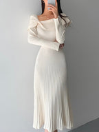 Robe Plissée Midi Avec Manches Longues Et Nœuds Aux Épaules Pour Femme | Idéal Pour Occasions
