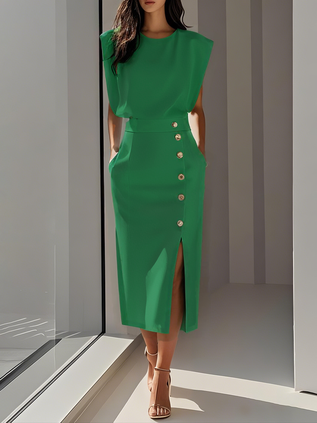Robe Midi Sans Manches Avec Boutons Pour Femme | Idéale Pour Usage Quotidien Et Occasions