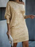Robe De Soirée À Sequins Contrastés avec Col En V Et Manches Longues pour Femme | Idéale pour Les Événements Formels