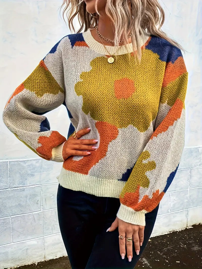 Pull À Motif Floral Abstrait À Coupe Confortable Pour Femme | Idéal Pour Usage Quotidien Et Loisirs