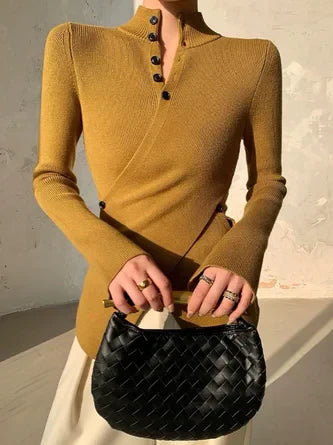Pull à Design Asymétrique avec Boutons et Col Montant pour Femmes | Idéal pour Bureau et Sorties