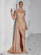 Robe De Soirée À Sequins avec Épaules Dénudées Et Fente pour Femme | Idéale pour Les Événements Formels
