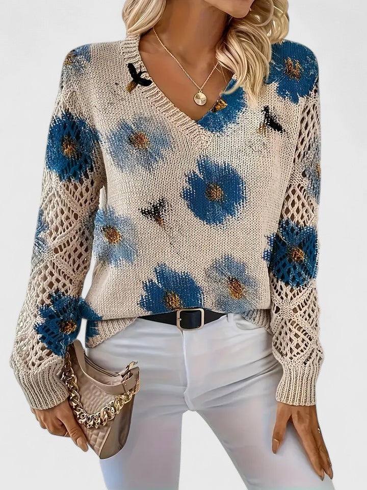 Pull À Motif Floral Avec Col En V Et Manches Longues Pour Femmes | Idéal Pour Le Quotidien
