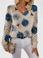 Pull À Motif Floral Avec Col En V Et Manches Longues Pour Femmes | Idéal Pour Le Quotidien