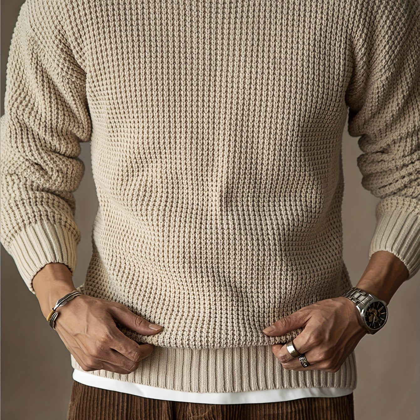 Pull Tricoté à Texture Gaufrée avec Col Rond pour Hommes | Idéal pour la Mi-Saison