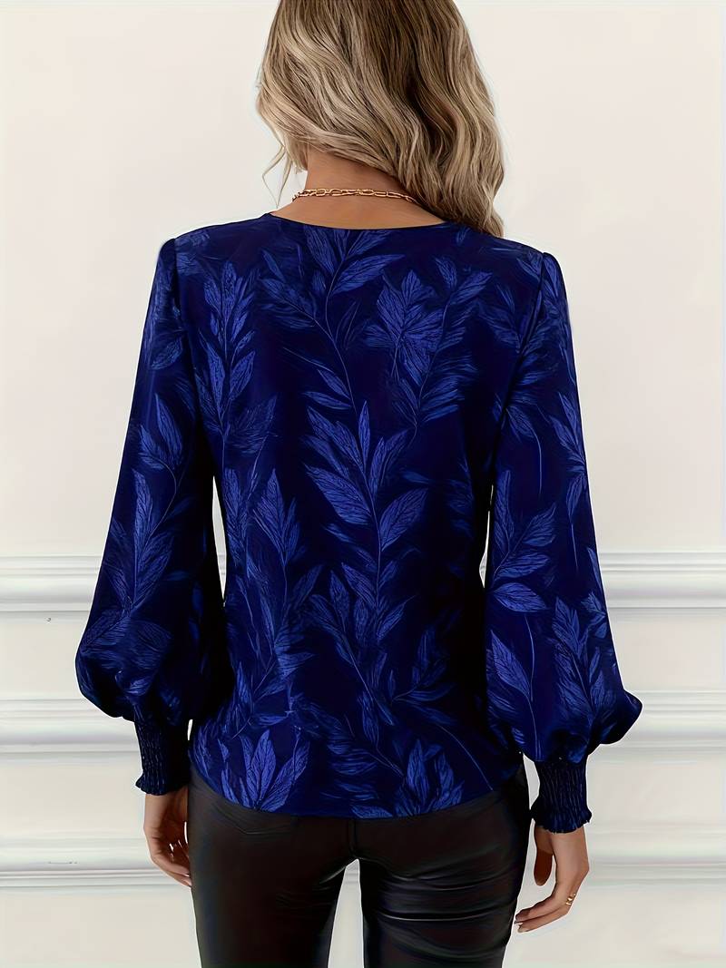Blouse À Manches Longues Avec Motif Feuilles Et Col En V Pour Femmes | Idéal Pour Travail Ou Usage Quotidien