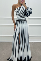 Robe Maxi One-Shoulder Rayée Avec Jupe Plissée Pour Femme | Idéale Pour L'Été