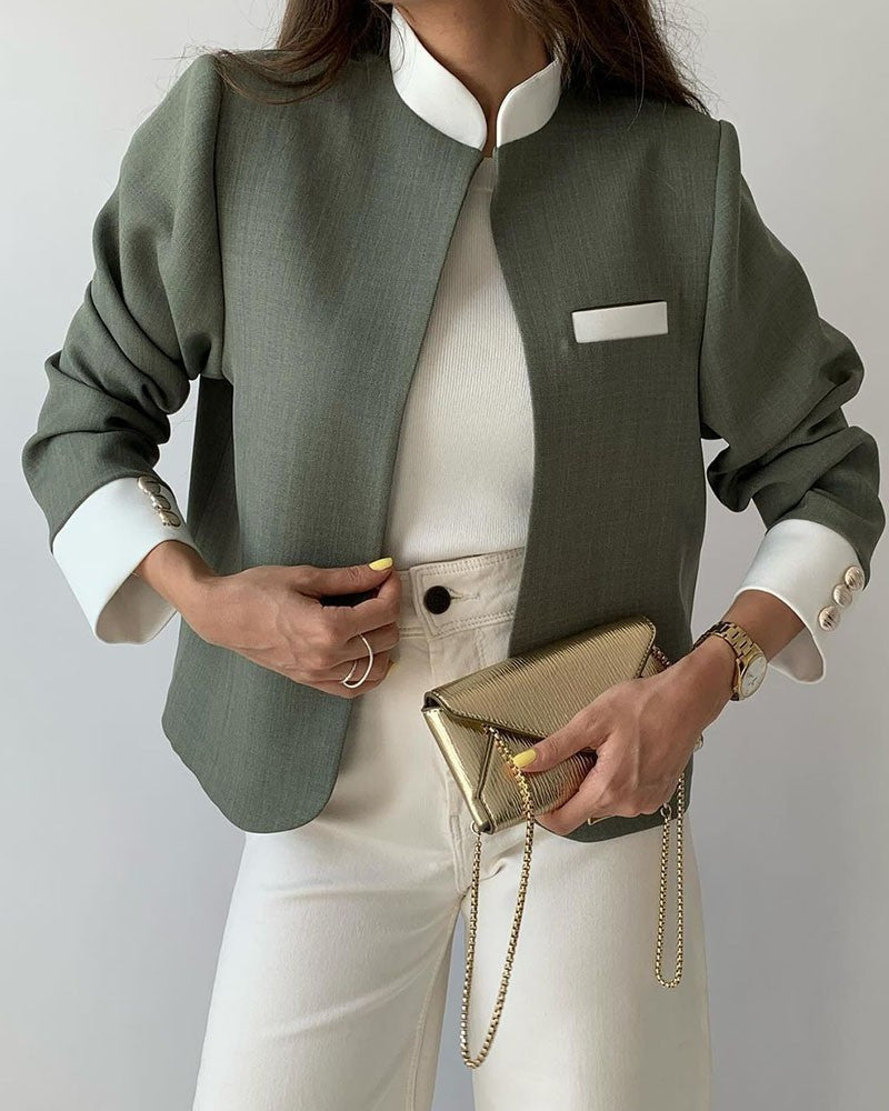 Blazer Court Bicolore à Col Montant pour Femmes | Ideal for Mi-Saison et Usage Quotidien
