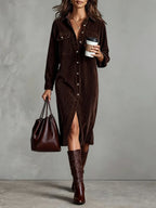 Robe Midi Boutonnée avec Poches Poitrine pour Femme | Idéale pour Usage Quotidien et Occasions Décontractées