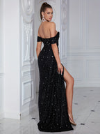 Robe De Soirée À Sequins avec Épaules Dénudées Et Fente pour Femme | Idéale pour Les Événements Formels