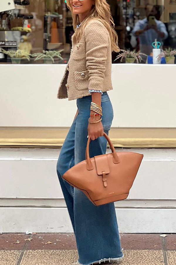 Veste Boutonnée à Col Rond avec Détails Effilochés pour Femme | Idéale pour la Mi-Saison