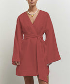 Robe Portefeuille Courte À Manches Longues Avec Ceinture Pour Femme | Idéale Pour Les Journées Décontractées