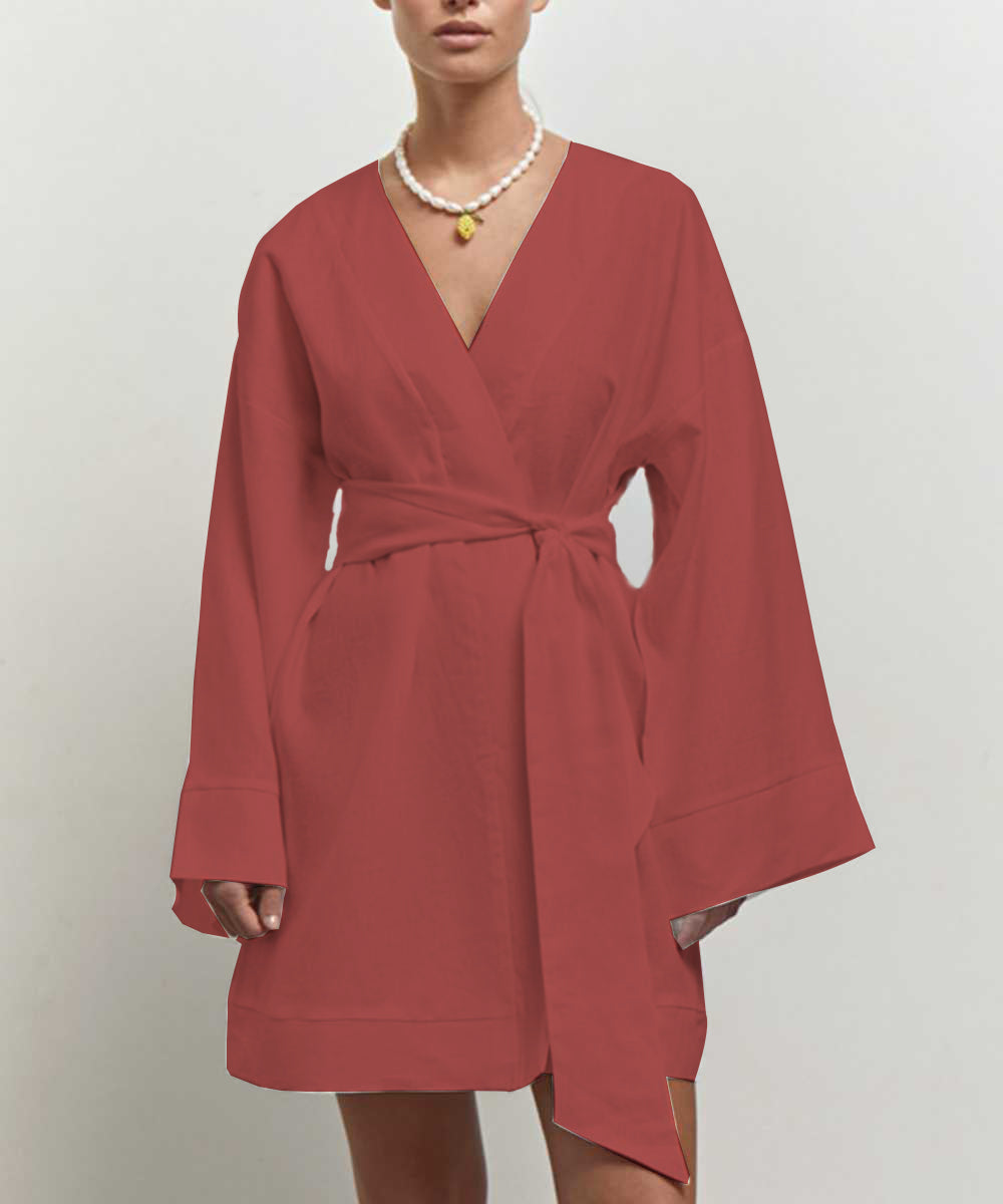 Robe Portefeuille Courte À Manches Longues Avec Ceinture Pour Femme | Idéale Pour Les Journées Décontractées