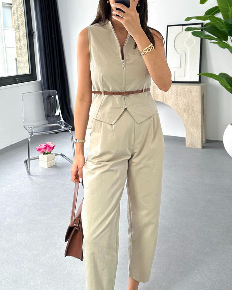 Combinaison Sans Manches avec Col Montant et Ceinture à la Taille pour Femmes | Idéal pour Tenues Quotidiennes